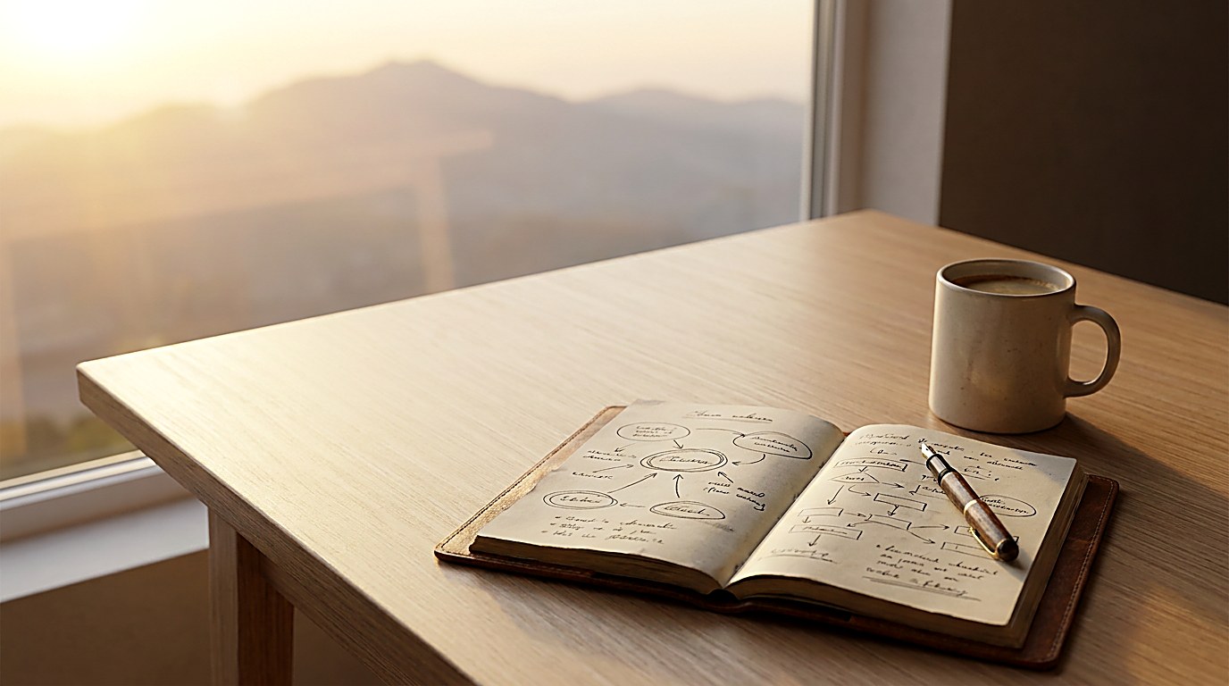 An open journal with a hand drawn framework diagram beside a coffee cup, sunrise over mountains through the window